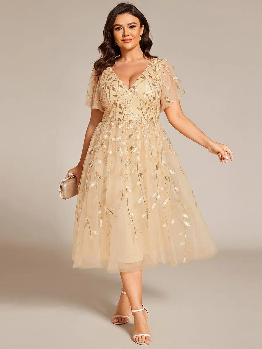 Plus Size Sparkly A-Line Midi Tulle Formal Wedding Guest Dress with Leaf Sequin