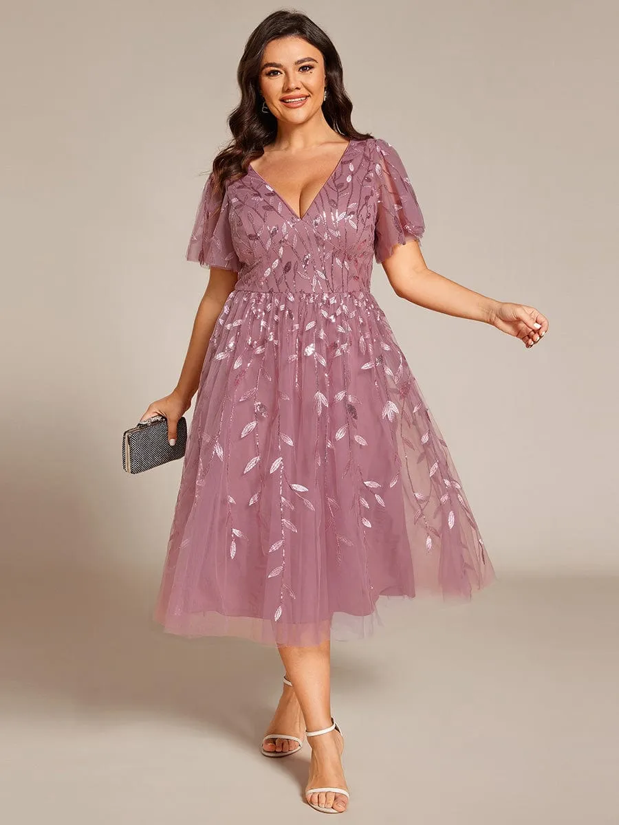 Plus Size Sparkly A-Line Midi Tulle Formal Wedding Guest Dress with Leaf Sequin