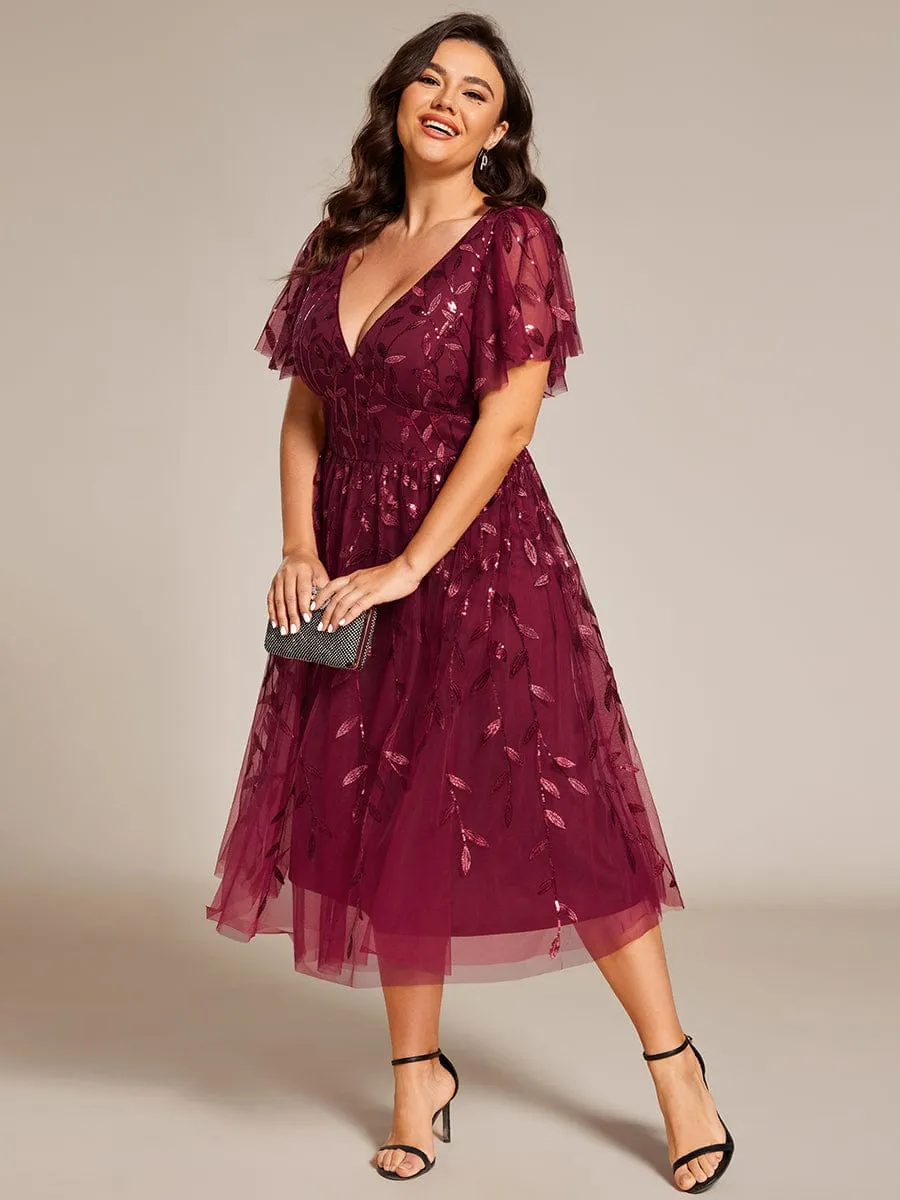 Plus Size Sparkly A-Line Midi Tulle Formal Wedding Guest Dress with Leaf Sequin