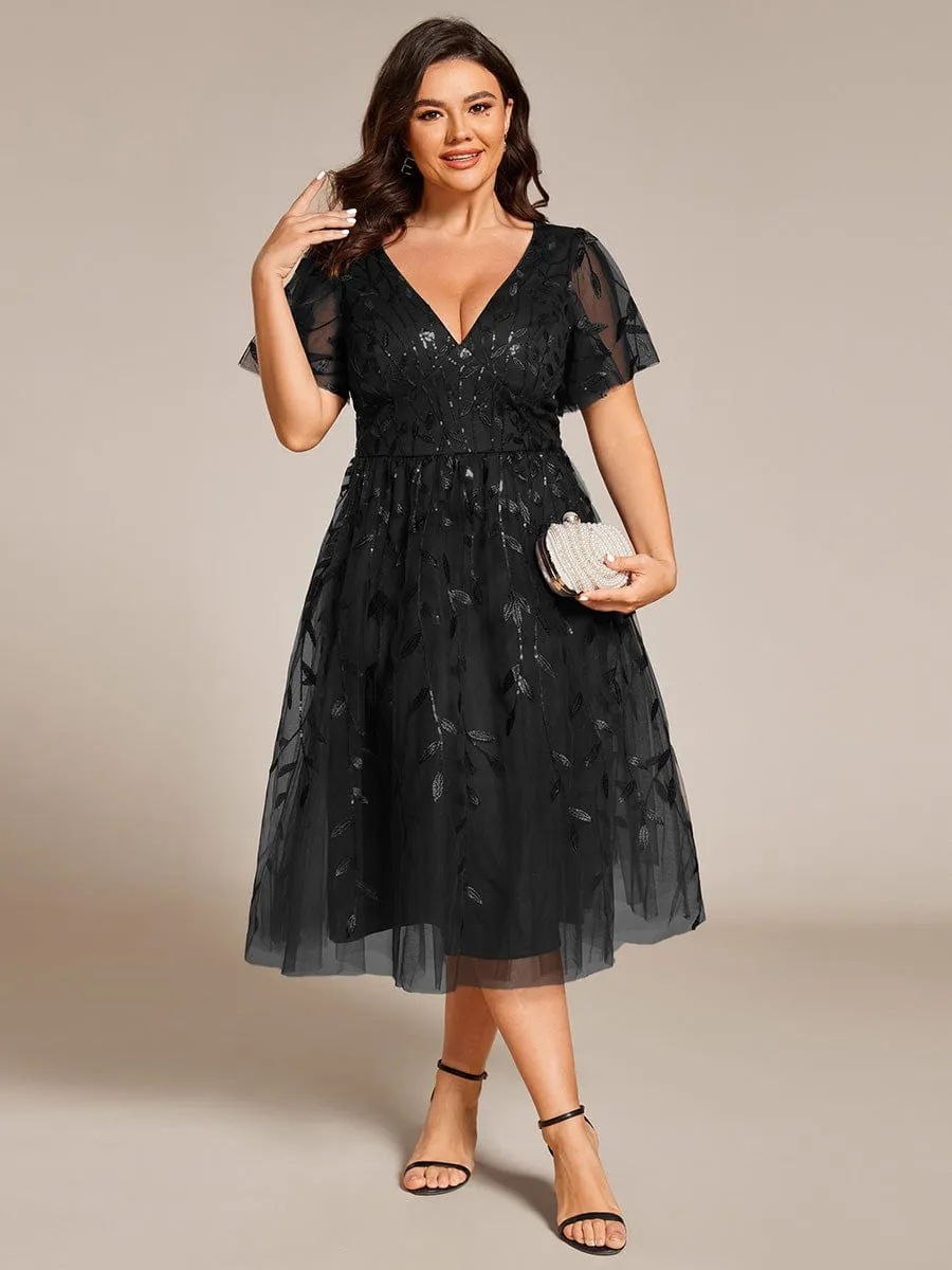Plus Size Sparkly A-Line Midi Tulle Formal Wedding Guest Dress with Leaf Sequin