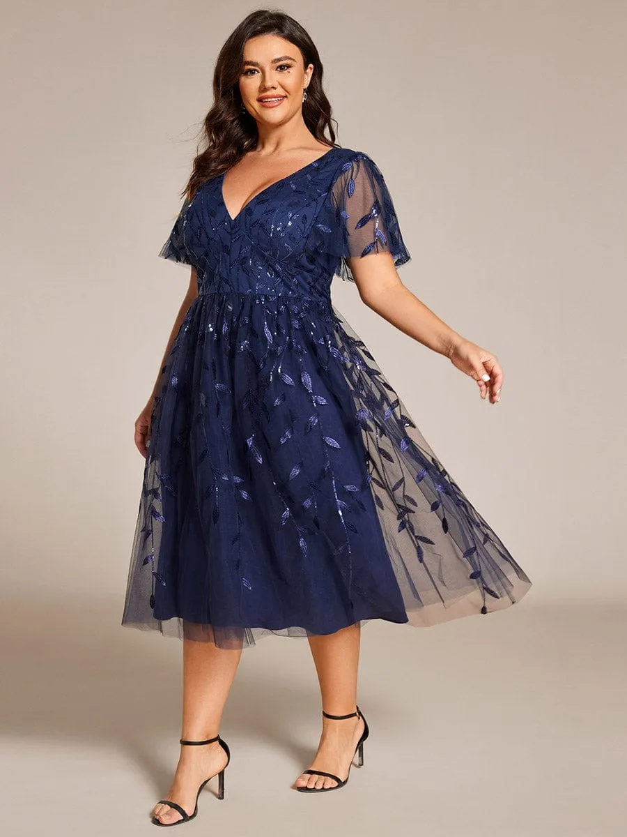 Plus Size Sparkly A-Line Midi Tulle Formal Wedding Guest Dress with Leaf Sequin