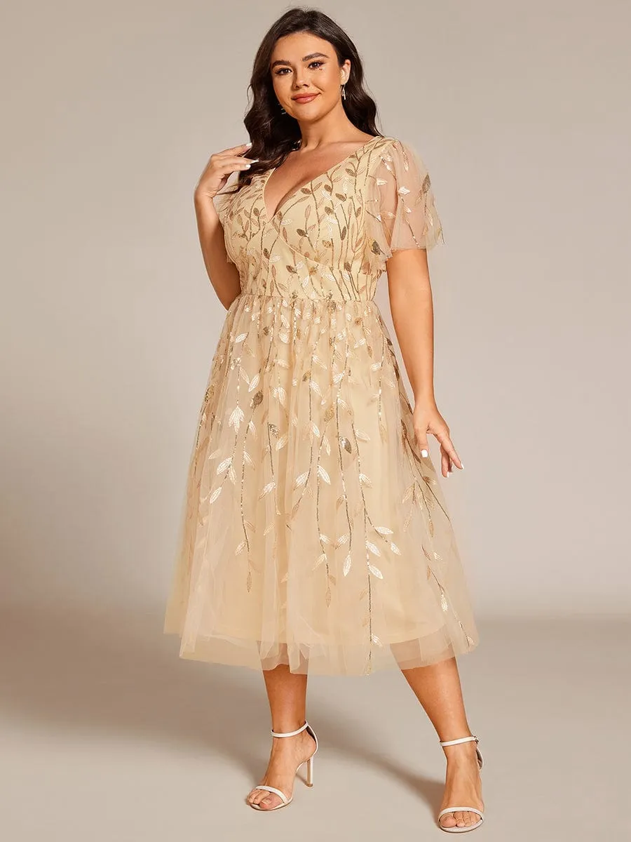Plus Size Sparkly A-Line Midi Tulle Formal Wedding Guest Dress with Leaf Sequin