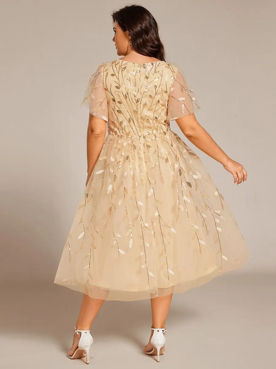 Plus Size Sparkly A-Line Midi Tulle Formal Wedding Guest Dress with Leaf Sequin