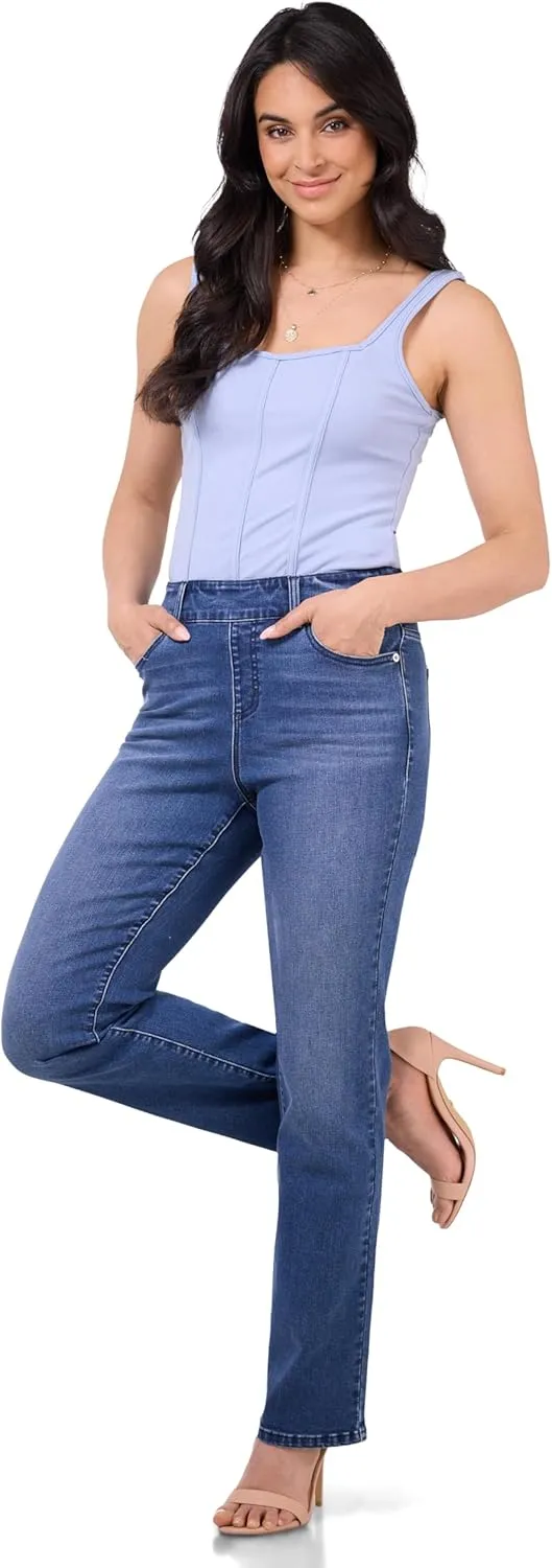 REKUCCI Women's Secret Figure Premium Lux Denim Straight Leg Pull-On Jean