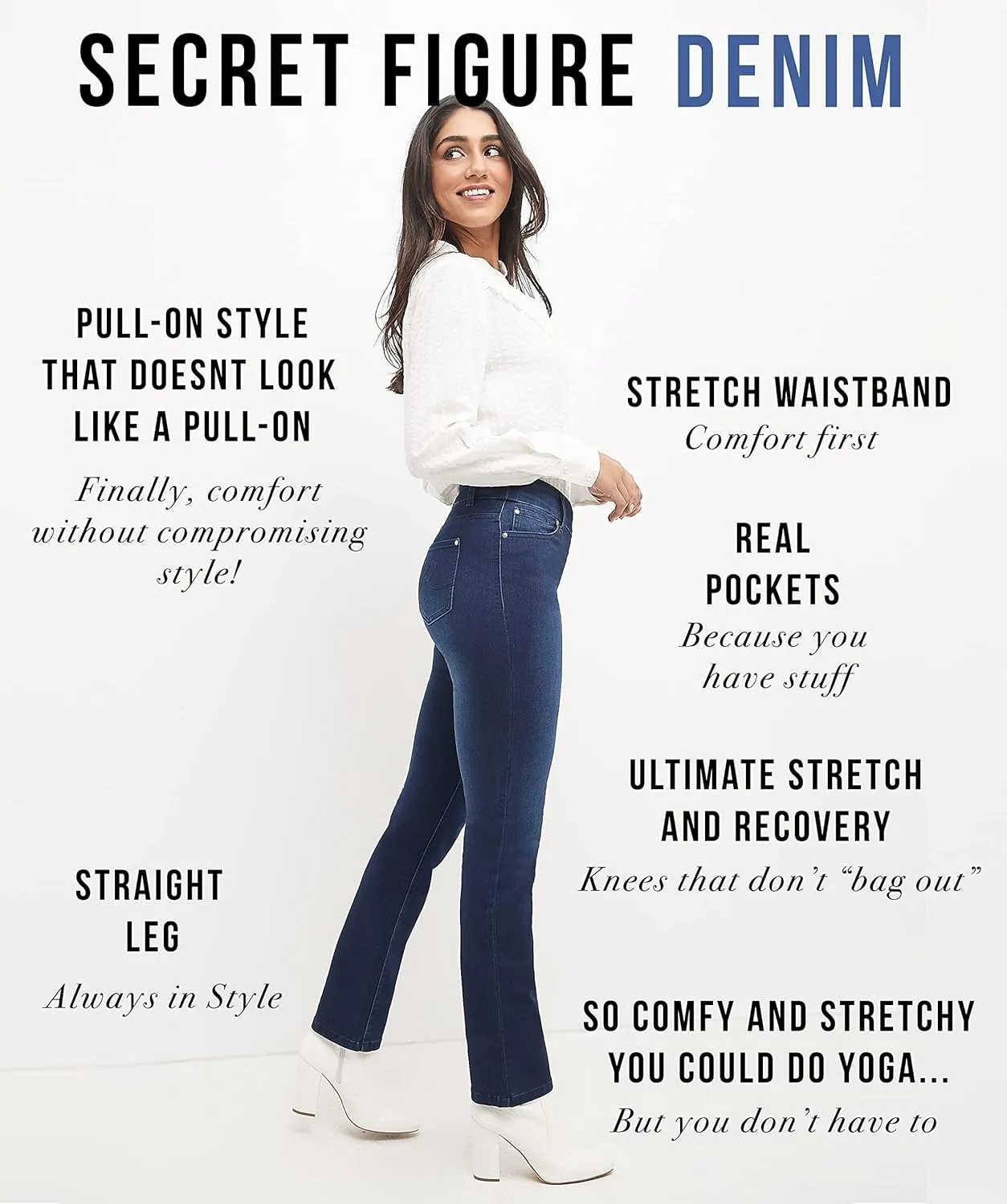 REKUCCI Women's Secret Figure Premium Lux Denim Straight Leg Pull-On Jean