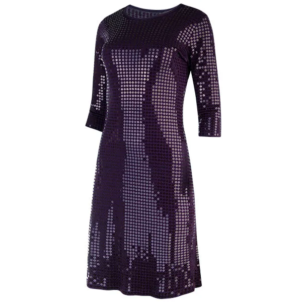 Sequin 3/4 Length Sleeve Dress in Dark Grape