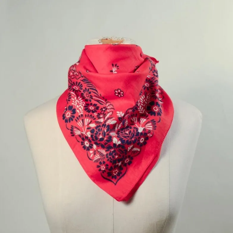 SOLD Vintage Red Blue Floral Print Bandana, Country Western Americana Neck Scarf NOS