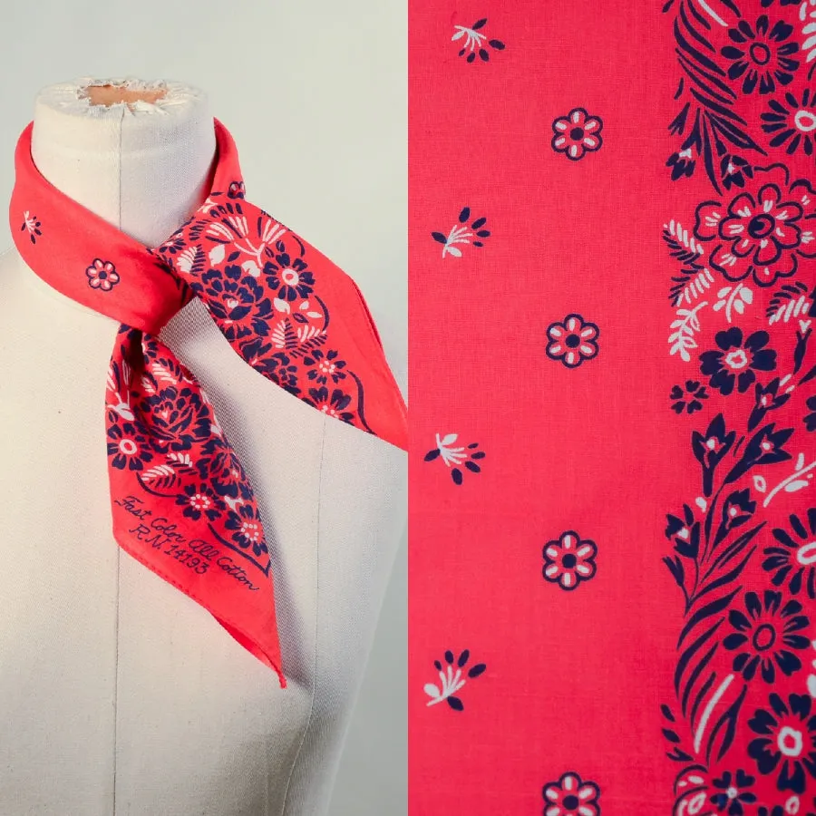 SOLD Vintage Red Blue Floral Print Bandana, Country Western Americana Neck Scarf NOS