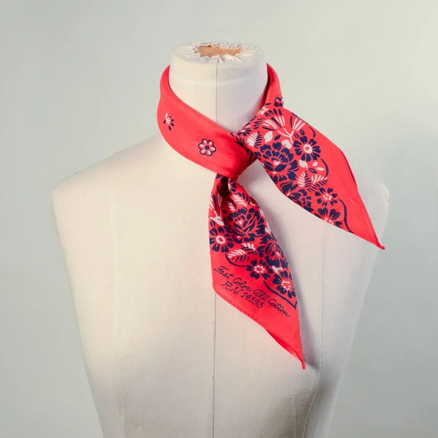 SOLD Vintage Red Blue Floral Print Bandana, Country Western Americana Neck Scarf NOS