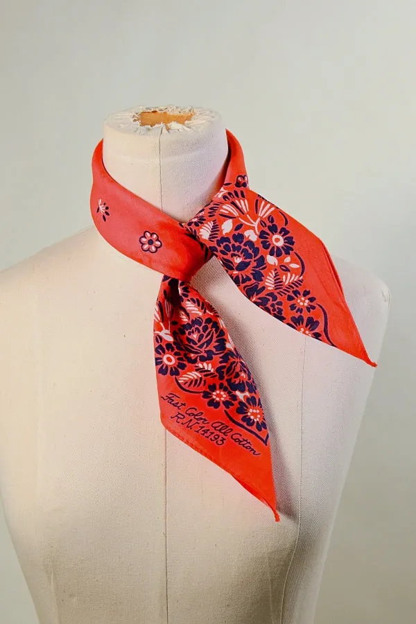 SOLD Vintage Red Blue Floral Print Bandana, Country Western Americana Neck Scarf NOS