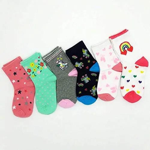 TeeHee Little Girls Cotton Crew Socks 6 Pair Pack (Floral Roller Blades)(K2027)