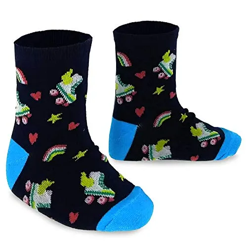 TeeHee Little Girls Cotton Crew Socks 6 Pair Pack (Floral Roller Blades)(K2027)