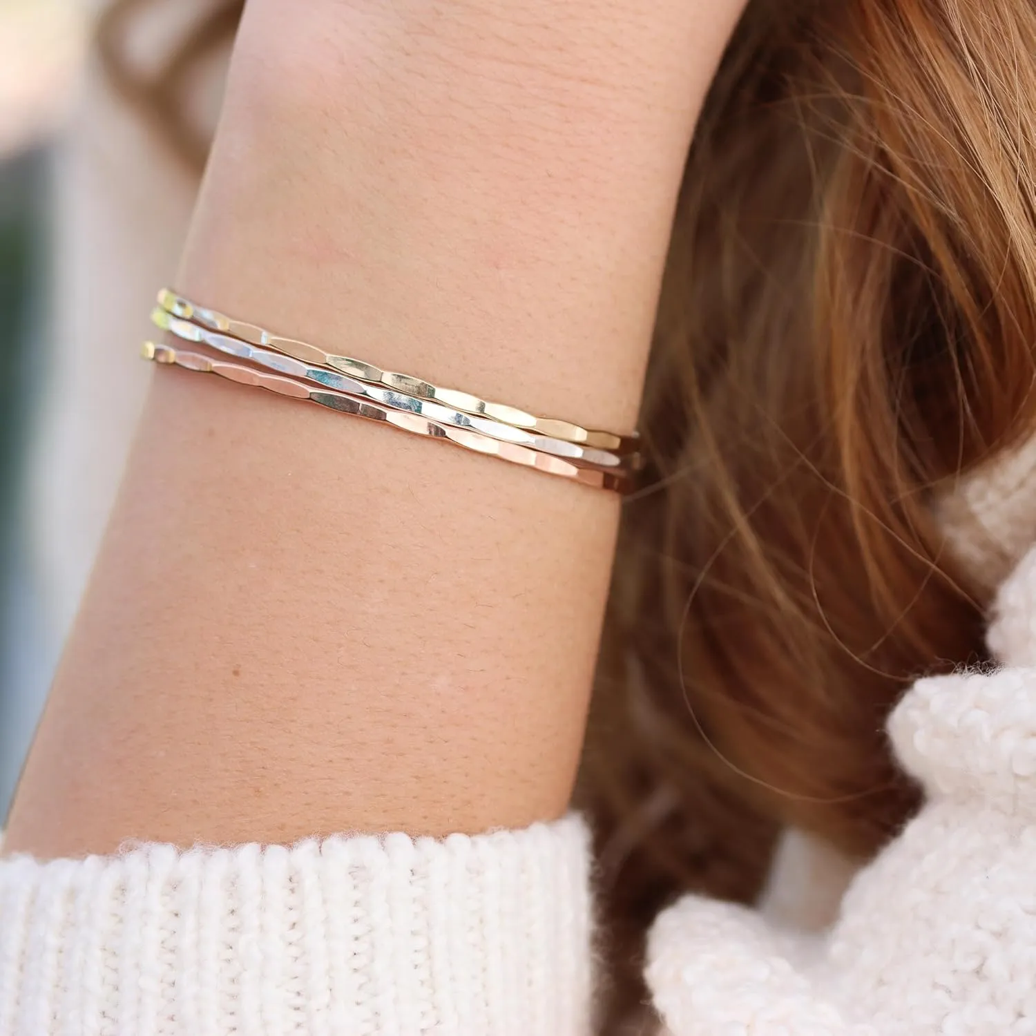 Thin Hammered Cuff in 14K Gold Fill; Delicate Handmade Stacking Bracelet for Women by Lotus Stone Jewelry (Small, Gold)