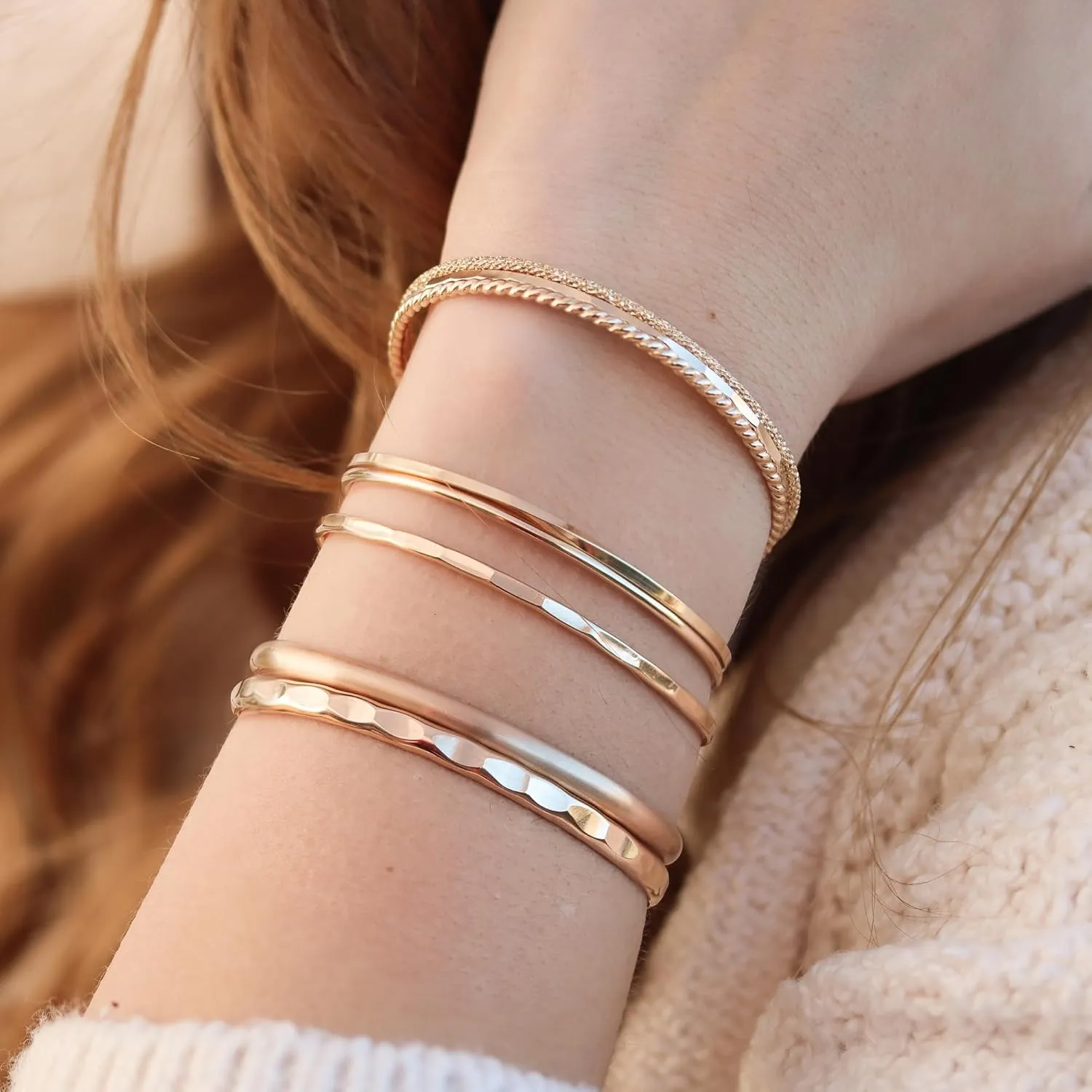 Thin Hammered Cuff in 14K Gold Fill; Delicate Handmade Stacking Bracelet for Women by Lotus Stone Jewelry (Small, Gold)