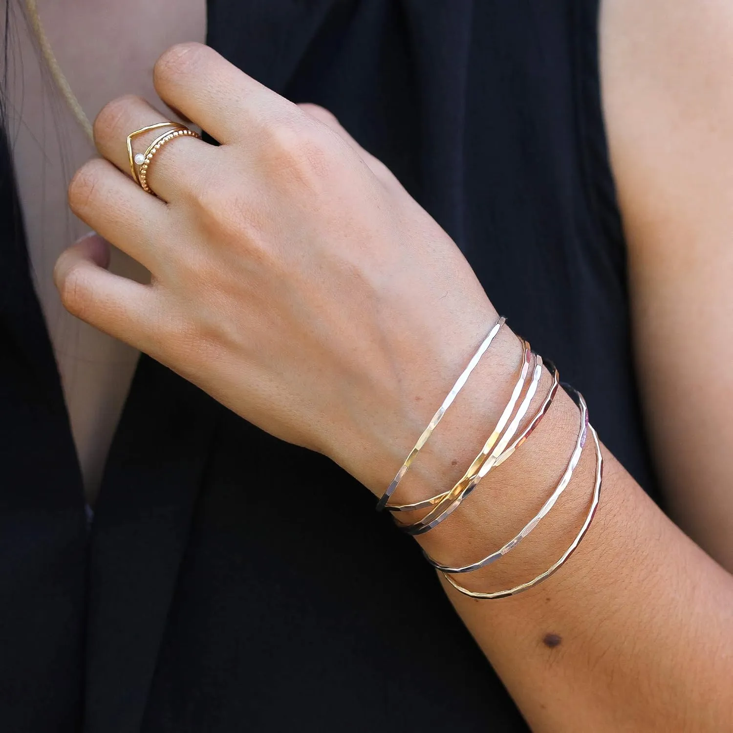 Thin Hammered Cuff in 14K Gold Fill; Delicate Handmade Stacking Bracelet for Women by Lotus Stone Jewelry (Small, Gold)