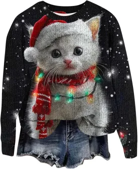 Ugly Christmas Sweater Women Men Funny Cat Sweatshirts Pullover Xmas Shirts Fashion Tops Knit Ribbed Winter Sweater