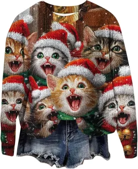 Ugly Christmas Sweater Women Men Funny Cat Sweatshirts Pullover Xmas Shirts Fashion Tops Knit Ribbed Winter Sweater