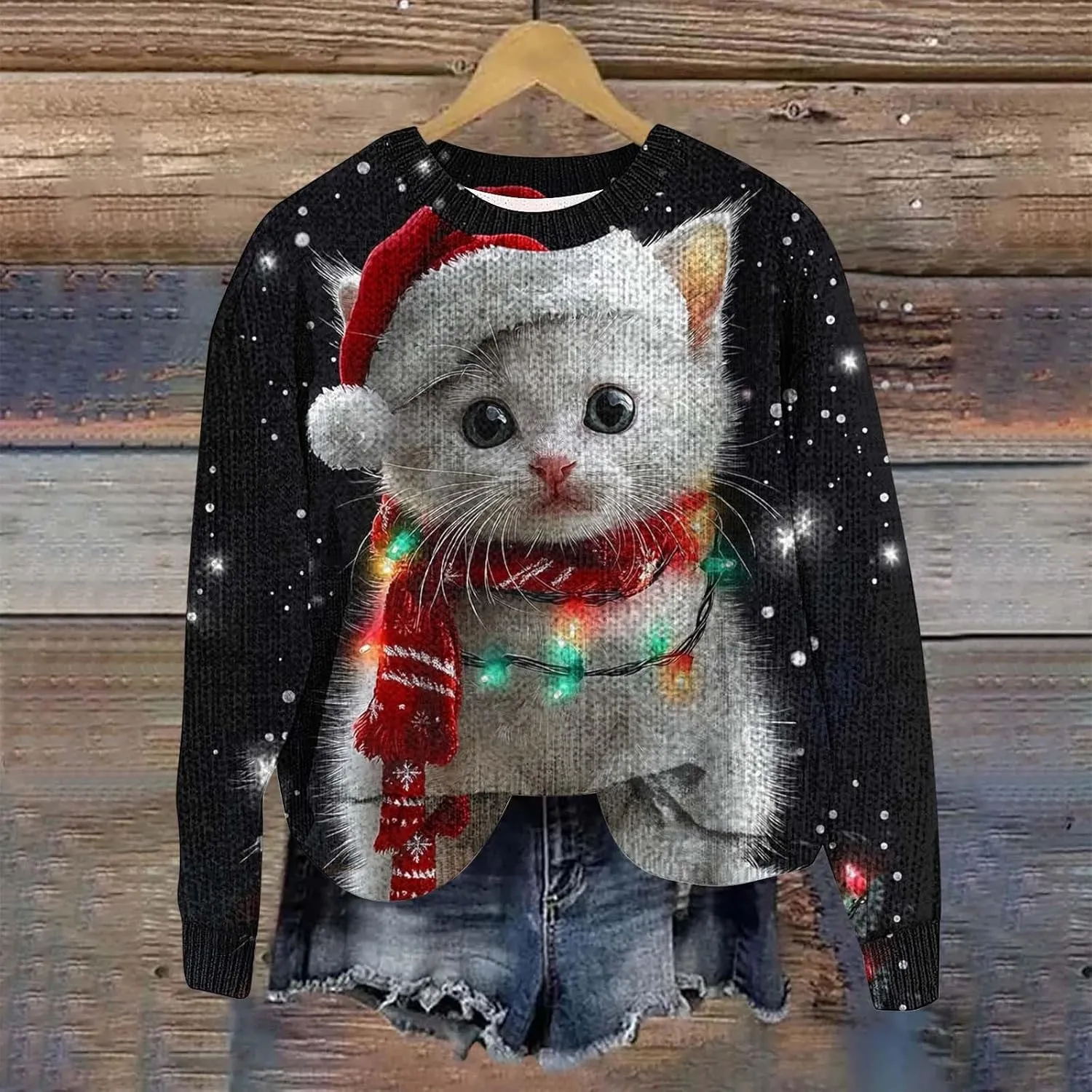 Ugly Christmas Sweater Women Men Funny Cat Sweatshirts Pullover Xmas Shirts Fashion Tops Knit Ribbed Winter Sweater