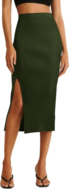 v28 Women Side Split Midi High Waisted Stretchy Ribbed Bodycon Casual Knit Pencil Skirt