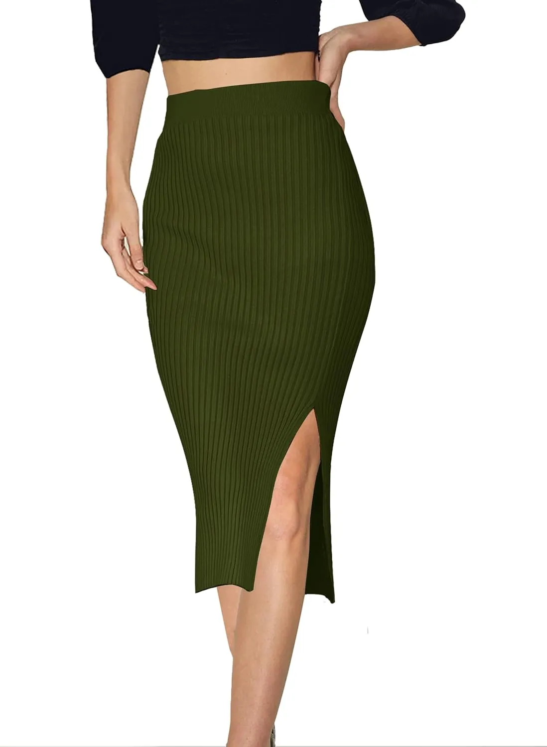 v28 Women Side Split Midi High Waisted Stretchy Ribbed Bodycon Casual Knit Pencil Skirt