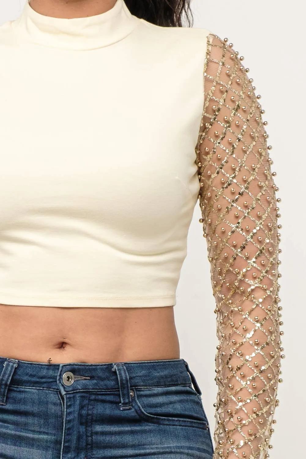 White/Gold Mockneck Sequin/Pearl Sleeved Crop Top