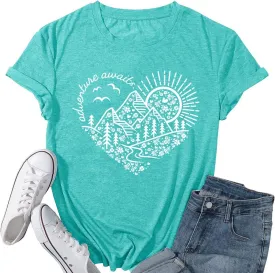 Women Adventure Awaits Outdoor Graphic Tee Shirt Kindness Heart Printed Hike Mountain Nature Travel Shirt Workout Tops