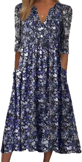 Womens Boho Floral Printed A Line Summer Dresses V Neck Half Sleeve Button Up Casual Midi Dress with Pockets