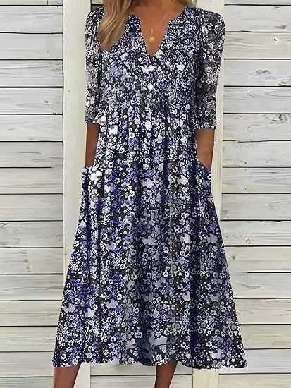 Womens Boho Floral Printed A Line Summer Dresses V Neck Half Sleeve Button Up Casual Midi Dress with Pockets