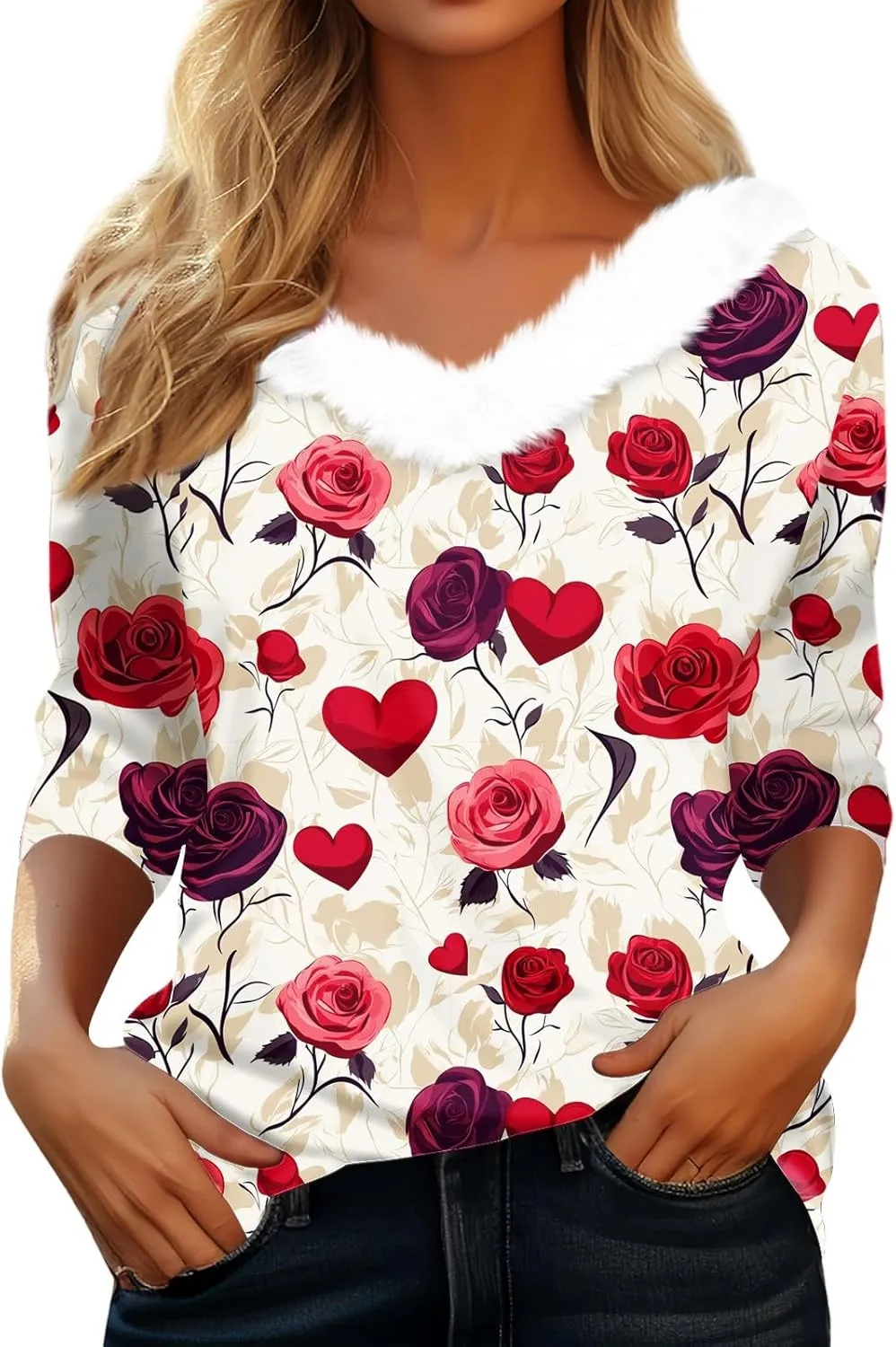 Womens Christmas Holiday Shirts Tops 3/4 Sleeve Faux Fur V Neck T-Shirt Xmas Tree Snowflakes Graphic Top Loose Blouse