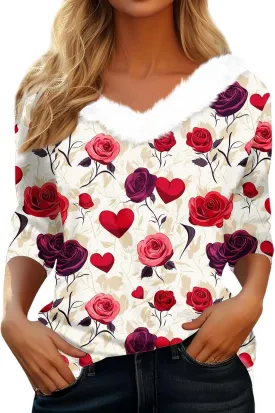 Womens Christmas Holiday Shirts Tops 3/4 Sleeve Faux Fur V Neck T-Shirt Xmas Tree Snowflakes Graphic Top Loose Blouse