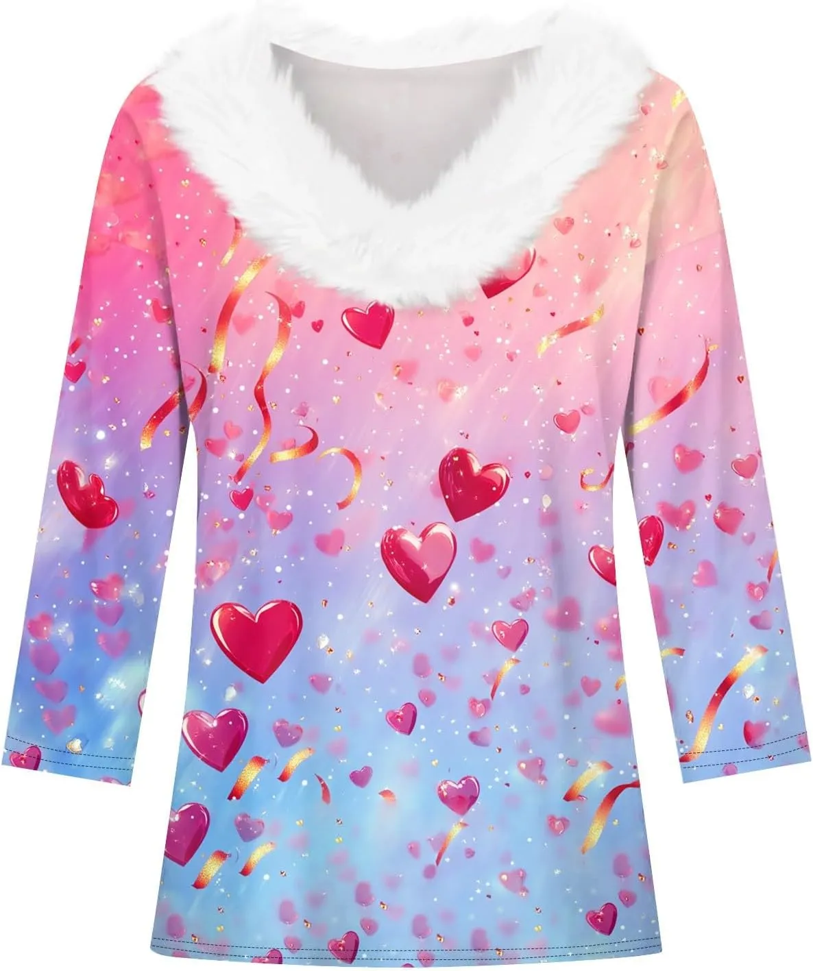 Womens Christmas Holiday Shirts Tops 3/4 Sleeve Faux Fur V Neck T-Shirt Xmas Tree Snowflakes Graphic Top Loose Blouse