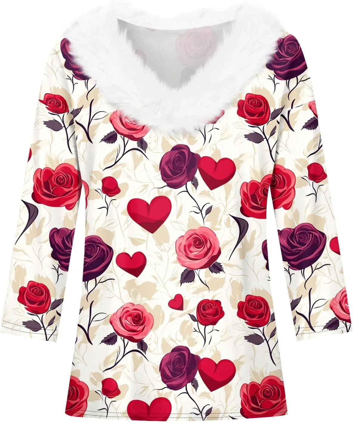 Womens Christmas Holiday Shirts Tops 3/4 Sleeve Faux Fur V Neck T-Shirt Xmas Tree Snowflakes Graphic Top Loose Blouse