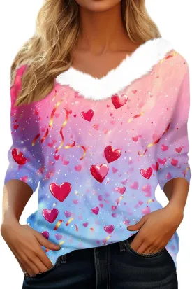 Womens Christmas Holiday Shirts Tops 3/4 Sleeve Faux Fur V Neck T-Shirt Xmas Tree Snowflakes Graphic Top Loose Blouse