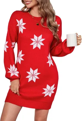 Womens Cute Oversized Ugly Christmas Sweater Dress 2024 Casual Cozy Chunky Knit Crewneck Snow Mini Dresses