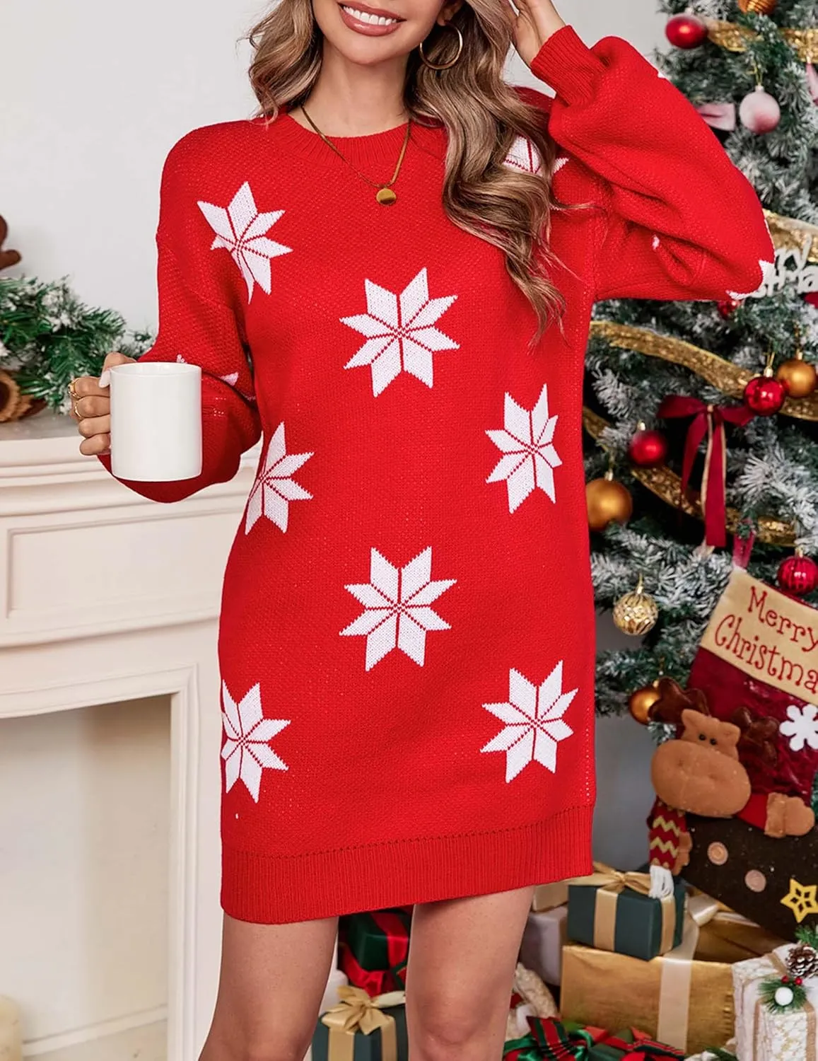 Womens Cute Oversized Ugly Christmas Sweater Dress 2024 Casual Cozy Chunky Knit Crewneck Snow Mini Dresses