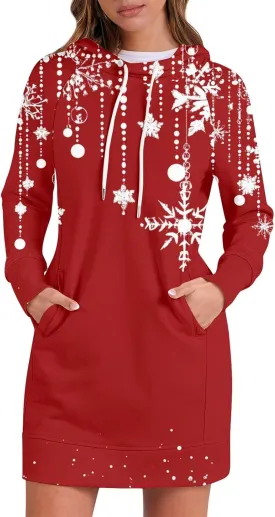 Women's Fall Christmas Tree Snowflake Print Long Sleeve Tops Round Neck Patchwork Sweatshirt Hooded Dresses