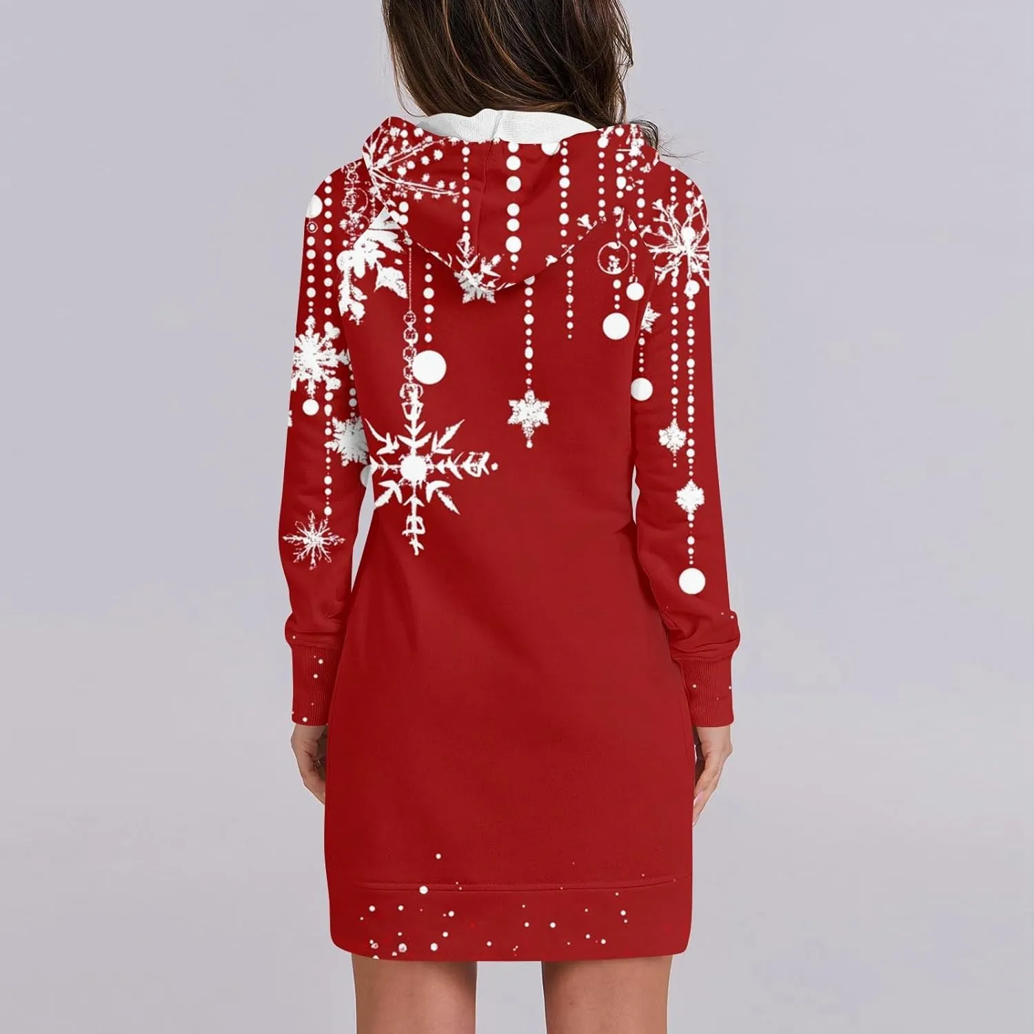 Women's Fall Christmas Tree Snowflake Print Long Sleeve Tops Round Neck Patchwork Sweatshirt Hooded Dresses