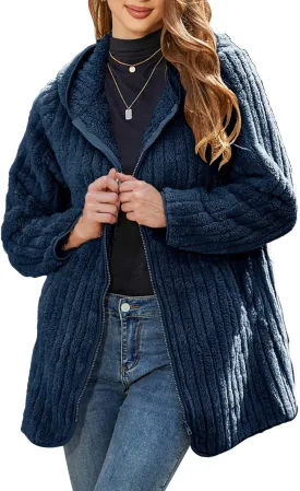 Womens Fleece Jacket Hooded Winter Warm Full Zip Long Sleeve Sherpa Jacket Coat Outerwear with Hood (S-5XL)
