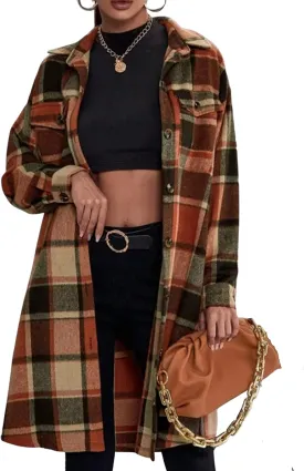 Women's Long Plaid Shirt Jacket Shacket Casual Lapel Button Down Wool Blend Tartan Trench Coat with Pockets
