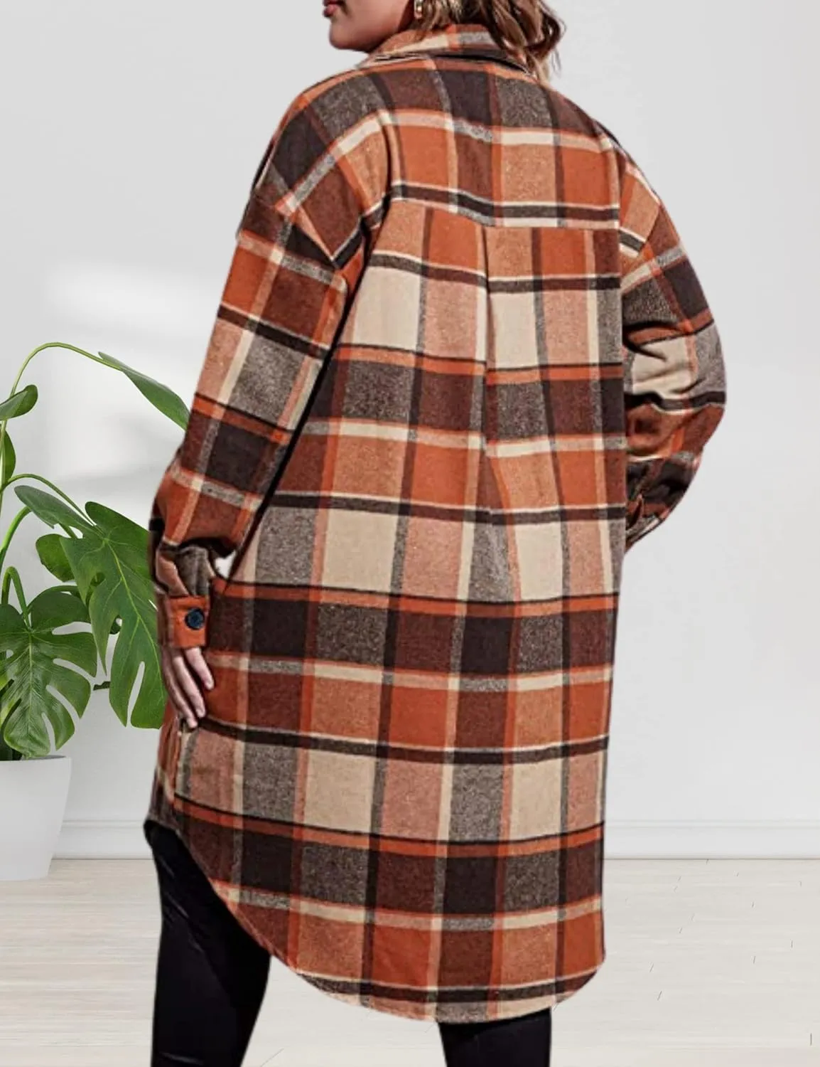 Women's Long Plaid Shirt Jacket Shacket Casual Lapel Button Down Wool Blend Tartan Trench Coat with Pockets