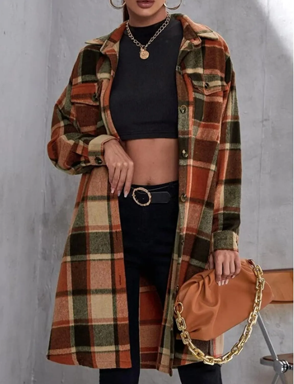 Women's Long Plaid Shirt Jacket Shacket Casual Lapel Button Down Wool Blend Tartan Trench Coat with Pockets