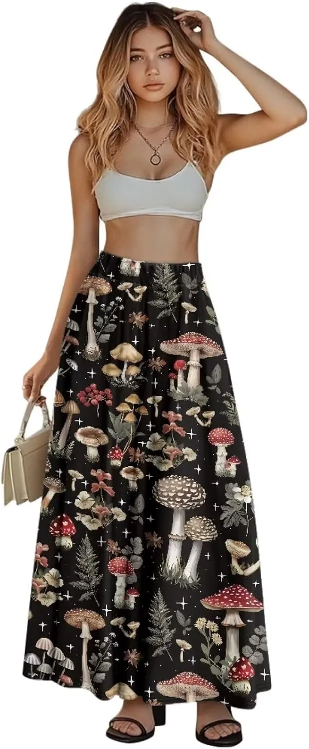 Women's Maxi High Waist Pleated Skirt Casual Long Skirts Ankle Length Flowy Swing Party Skirt with Pockets