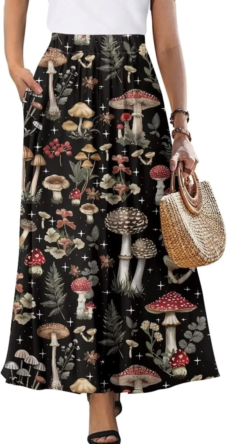 Women's Maxi High Waist Pleated Skirt Casual Long Skirts Ankle Length Flowy Swing Party Skirt with Pockets