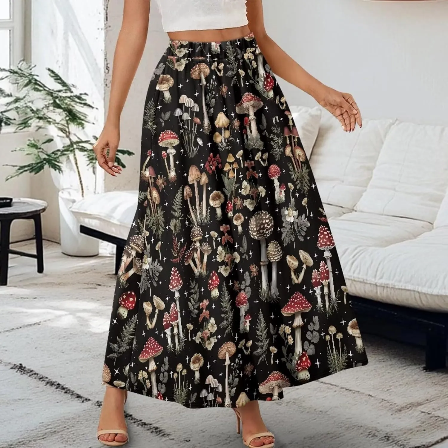 Women's Maxi High Waist Pleated Skirt Casual Long Skirts Ankle Length Flowy Swing Party Skirt with Pockets