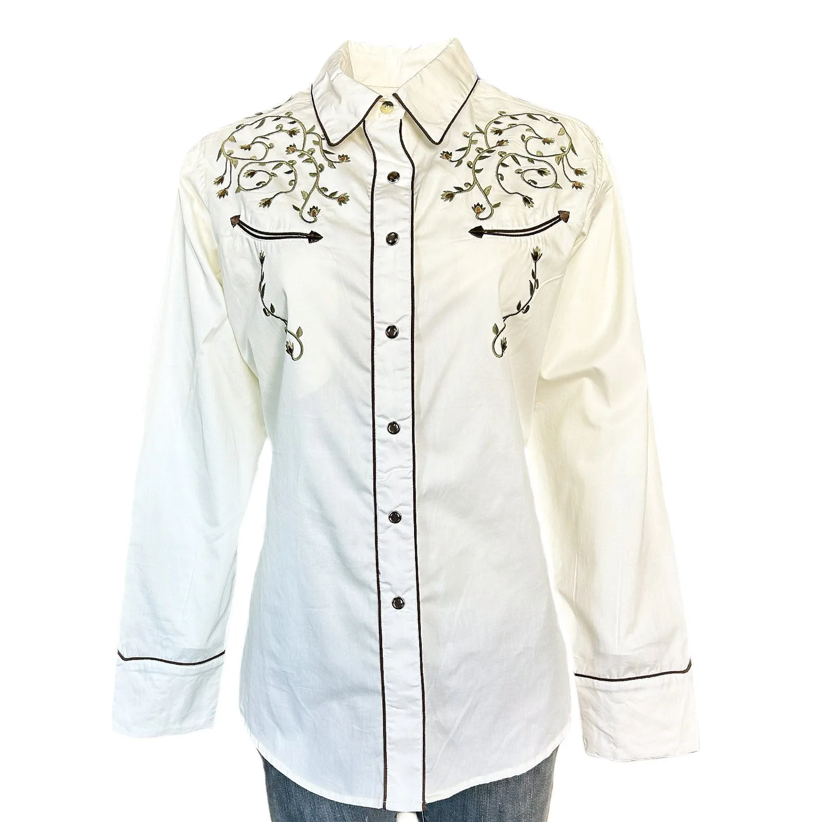 Women’s Rhinestones & Scrolls Embroidery Western Shirt in Ivory