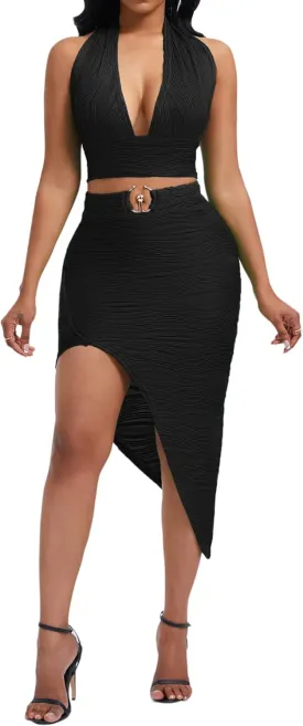 Women's Sexy Clubwear 2 Piece Set Halter Crop Top & High-Slit Bodycon Skirt for Night Out