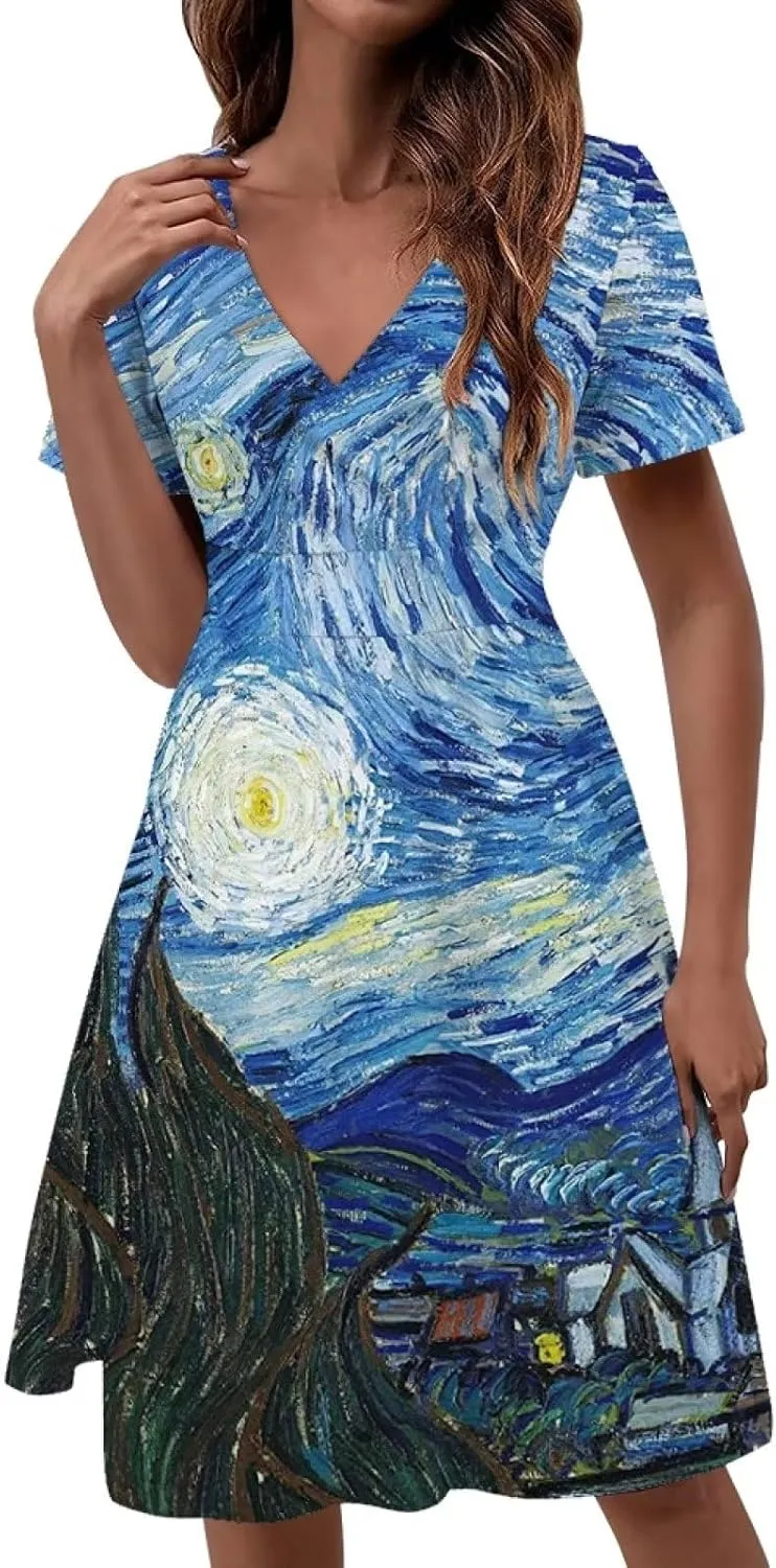 Womens Sundresses V Neck Short Sleeve Summer Casual Dress with Pockets Elastic Waist Loose Swing Midi Dresses S-4XL