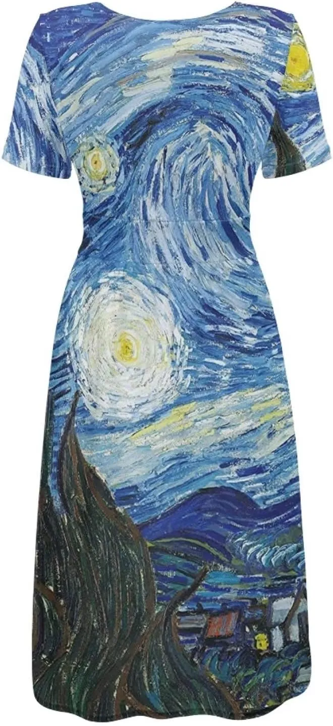 Womens Sundresses V Neck Short Sleeve Summer Casual Dress with Pockets Elastic Waist Loose Swing Midi Dresses S-4XL