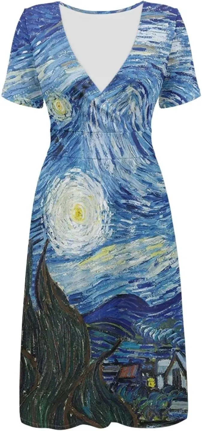 Womens Sundresses V Neck Short Sleeve Summer Casual Dress with Pockets Elastic Waist Loose Swing Midi Dresses S-4XL