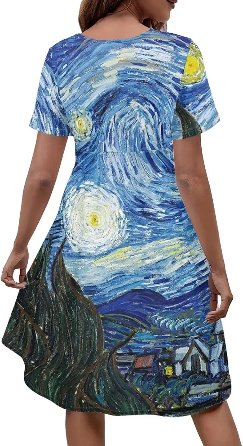 Womens Sundresses V Neck Short Sleeve Summer Casual Dress with Pockets Elastic Waist Loose Swing Midi Dresses S-4XL